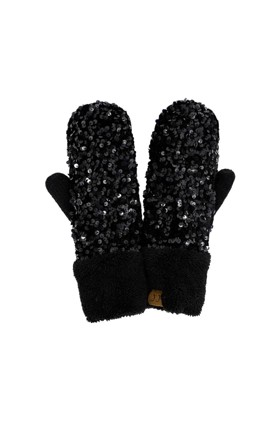 Mittens for Women – Fleece Lined Winter Gloves, Women's Fuzzy Warm Mittens for Cold Weather, Cozy Knit Soft Fashionable Accessories - Chunky Sequin - Black