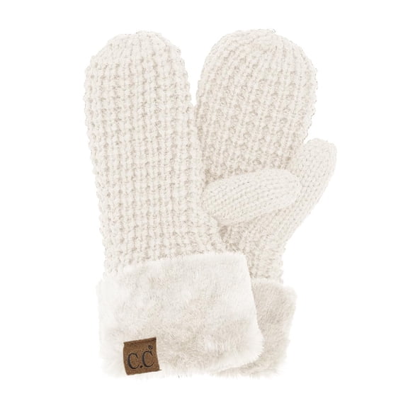 Funky Junque Mittens for Women – Fleece Lined Winter Gloves, Women's Fuzzy Warm Mittens for Cold Weather, Cozy Knit Soft Fashionable Accessories - Waffle Knit - Ivory