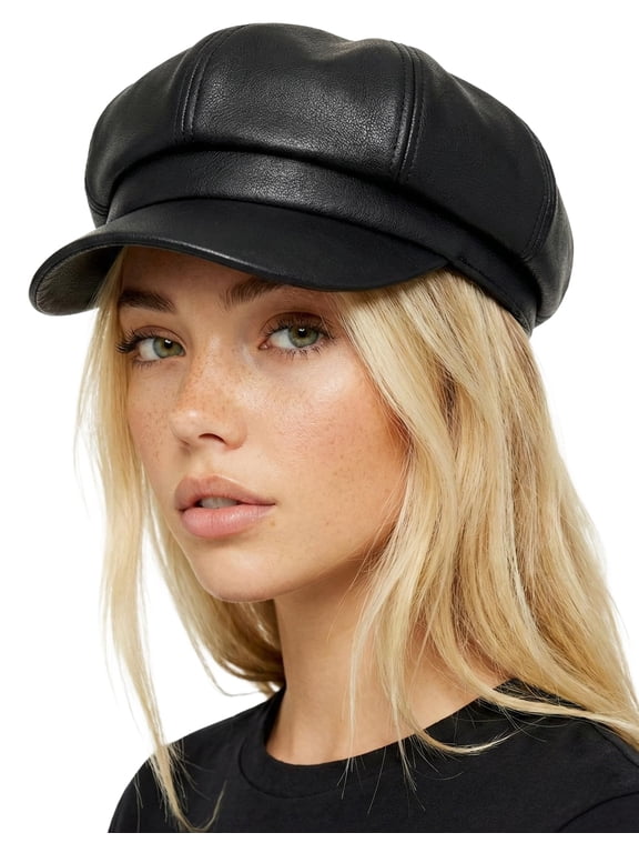 Newsboy Hats for Women, Cotton Cabbie Cap with Brim - Faux Leather - Black