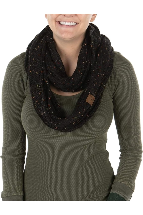 Oversized Chunky Knitted Infinity Scarf for Women, Warm Winter Cable Circle Wrap - Black - Confetti