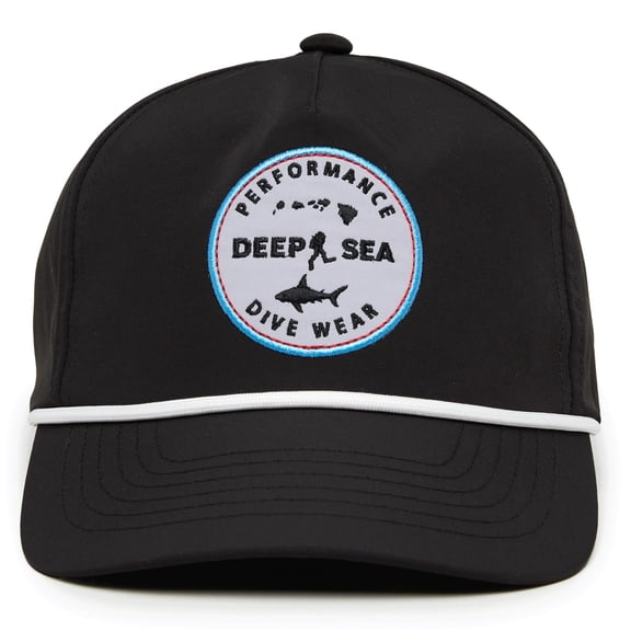Funky Junque Performance Golf Rope Hat Mid-Crown Snapback Cap with Flexible Bill and Breathable Fabric - Deep Sea Dive Wear - Black Cap (White Rope)