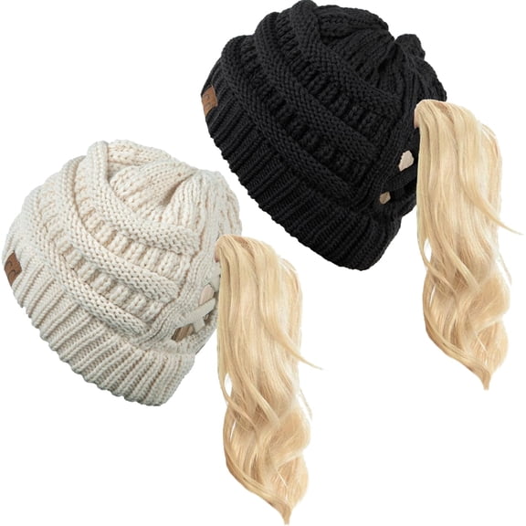 Funky Junque Ponytail Beanie for Women, Criss Cross High Pony Tail Womens Winter Hat, Warm Cute Knit Ponyback Beanies, Perfect for Cold Weather Gifts - 2 Pack: Beige & Black