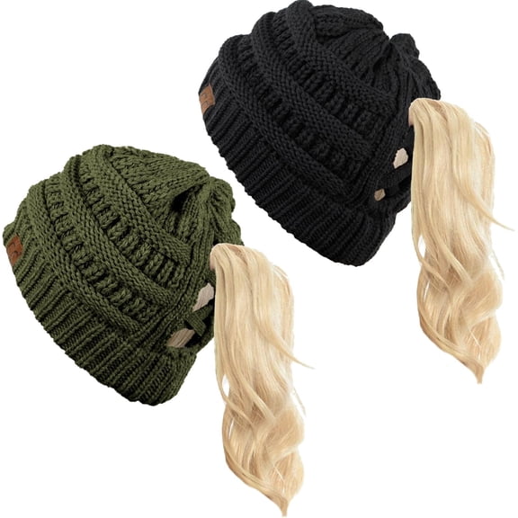 Funky Junque Ponytail Beanie for Women, Criss Cross High Pony Tail Womens Winter Hat, Warm Cute Knit Ponyback Beanies, Perfect for Cold Weather Gifts - 2 Pack: Olive & Black