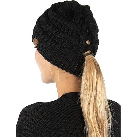 Funky Junque Ponytail Beanie for Women, Criss Cross High Pony Tail Womens Winter Hat, Warm Cute Knit Ponyback Beanies, Perfect for Cold Weather Gifts - Black