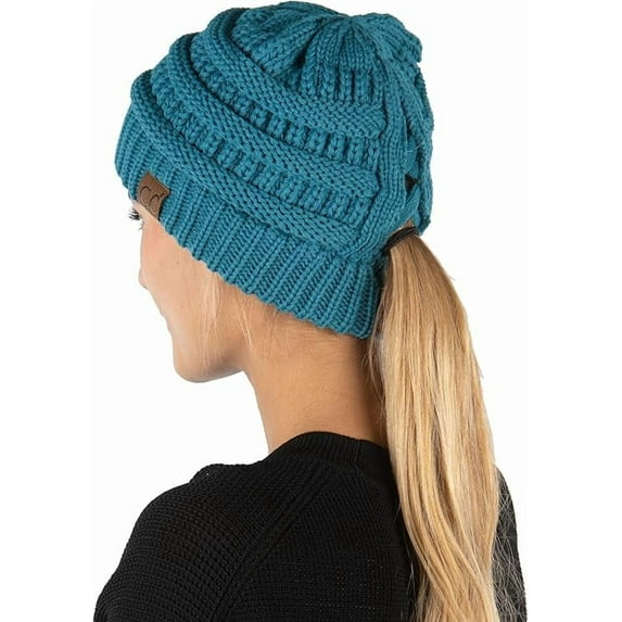 Funky Junque Ponytail Beanie for Women, Criss Cross High Pony Tail Womens Winter Hat, Warm Cute Knit Ponyback Beanies, Perfect for Cold Weather Gifts - Teal