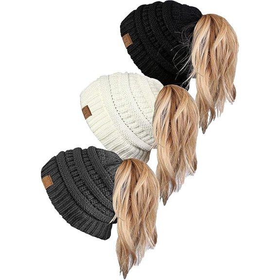 Funky Junque Ponytail Beanie for Women - Winter Ponyback Hat Soft Stretch Cable Knit High Pony Tail Womens Running Hats - 3 Pack - Black, Ivory, Charcoal