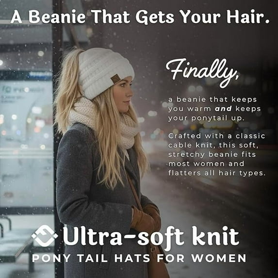 Funky Junque Ponytail Beanie for Women - Winter Ponyback Hat Soft Stretch Cable Knit High Pony Tail Womens Running Hats - 3-pack: #31, Solid Black, Solid Ivory