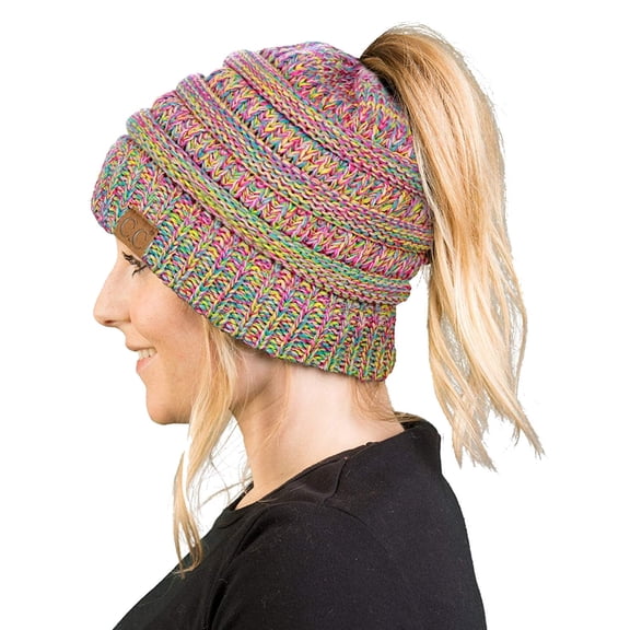 Funky Junque Ponytail Beanie for Women - Winter Ponyback Hat Soft Stretch Cable Knit High Pony Tail Womens Running Hats - 4 Tone Mix - a Yellow, Hot Pink, Turquoise, Pink
