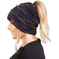 thumbnail image 1 of Funky Junque Ponytail Beanie for Women - Winter Ponyback Hat Soft Stretch Cable Knit High Pony Tail Womens Running Hats - A Jet Black Kaleidoscope Tricolor Mix, 1 of 6