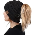 thumbnail image 1 of Funky Junque Ponytail Beanie for Women - Winter Ponyback Hat Soft Stretch Cable Knit High Pony Tail Womens Running Hats - A Sequin Black, 1 of 6