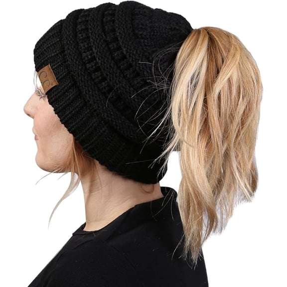 Funky Junque Ponytail Beanie for Women - Winter Ponyback Hat Soft Stretch Cable Knit High Pony Tail Womens Running Hats - Black