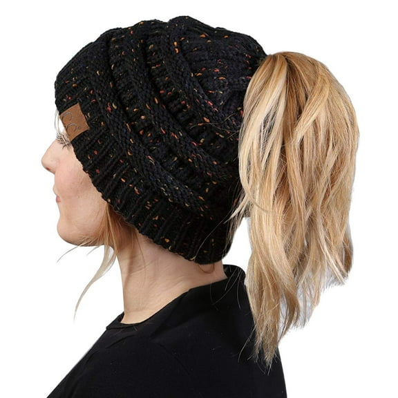Funky Junque Ponytail Beanie for Women - Winter Ponyback Hat Soft Stretch Cable Knit High Pony Tail Womens Running Hats - Confetti Black