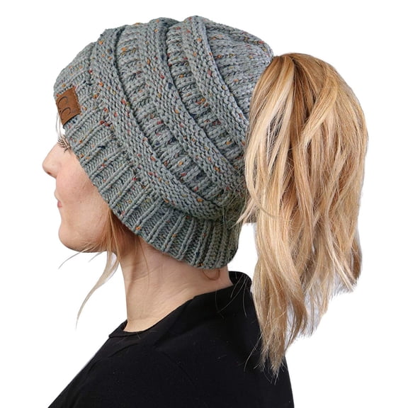 Funky Junque Ponytail Beanie for Women - Winter Ponyback Hat Soft Stretch Cable Knit High Pony Tail Womens Running Hats - Confetti Dove Grey
