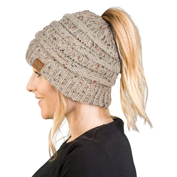 Funky Junque Ponytail Beanie for Women - Winter Ponyback Hat Soft Stretch Cable Knit High Pony Tail Womens Running Hats - Confetti Oatmeal