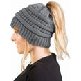 thumbnail image 1 of Funky Junque Ponytail Beanie for Women - Winter Ponyback Hat Soft Stretch Cable Knit High Pony Tail Womens Running Hats - Heather Grey, 1 of 6