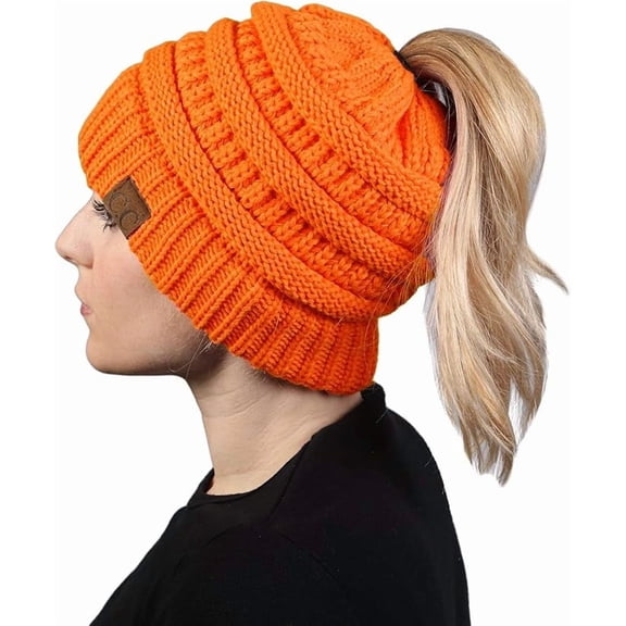 Funky Junque Ponytail Beanie for Women - Winter Ponyback Hat Soft Stretch Cable Knit High Pony Tail Womens Running Hats - Neon Orange