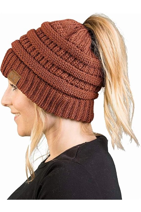 Ponytail Beanie for Women - Winter Ponyback Hat Soft Stretch Cable Knit High Pony Tail Womens Running Hats - Rust