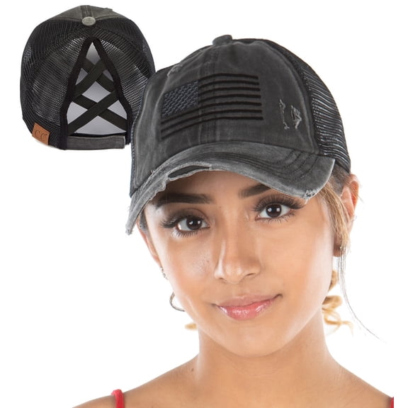 Funky Junque Ponytail Trucker Hat for Women – Criss Cross Adjustable Baseball Cap, Soft Cotton, Stylish & Comfortable - American Flag (Black)