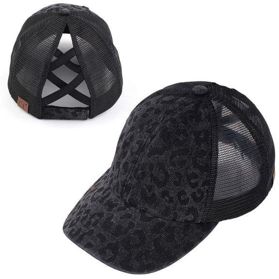 Funky Junque Ponytail Trucker Hat for Women – Criss Cross Adjustable Baseball Cap, Soft Cotton, Stylish & Comfortable - Leopard - Black