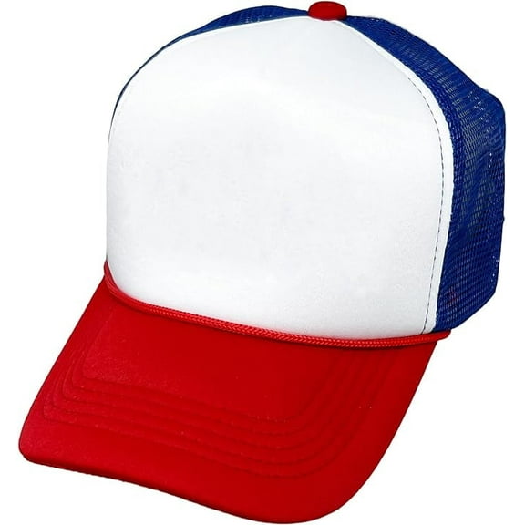 Funky Junque Retro Foam Trucker Hat Summer Mesh Cap Solid Blank Hat for Mens Womens Adjustable Snapback Vintage Strap One Size Merica (White/Red/Blue)