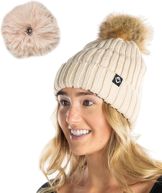 Bonnet Tricoté Pour Femme Avec Pompon Amovible – Taille Unique, Texture Nervurée, Couleur Unie