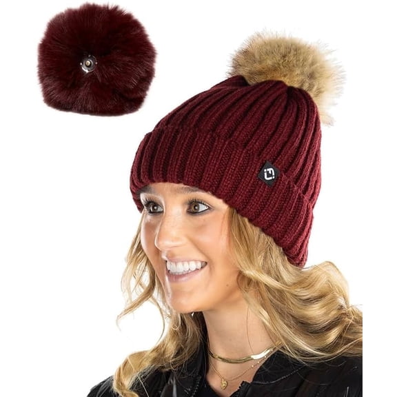Funky Junque Ribbed Knit Detachable Pom Beanie - Burgundy