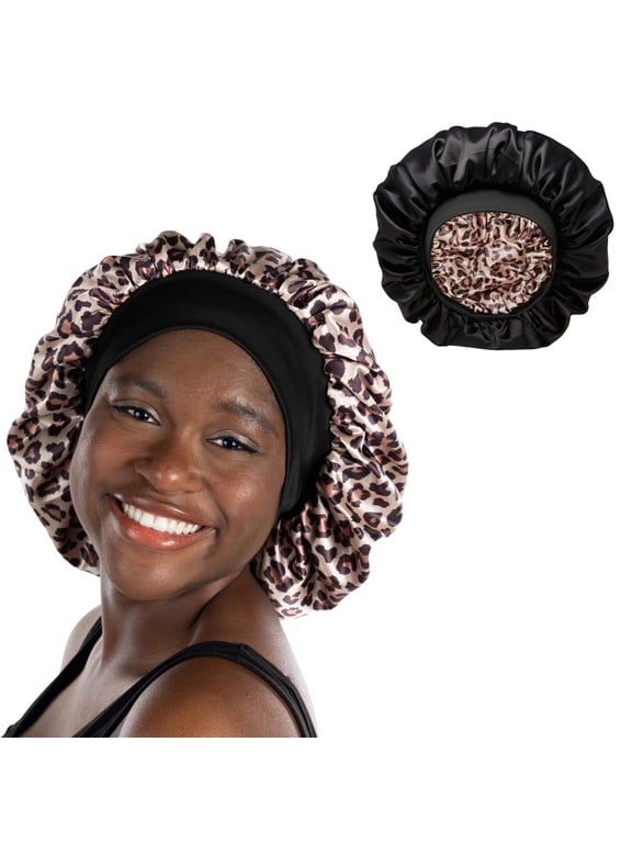 Satin Silk Sleep Bonnet – Double Layer Reversible Hair Wrap - Leopard/Black