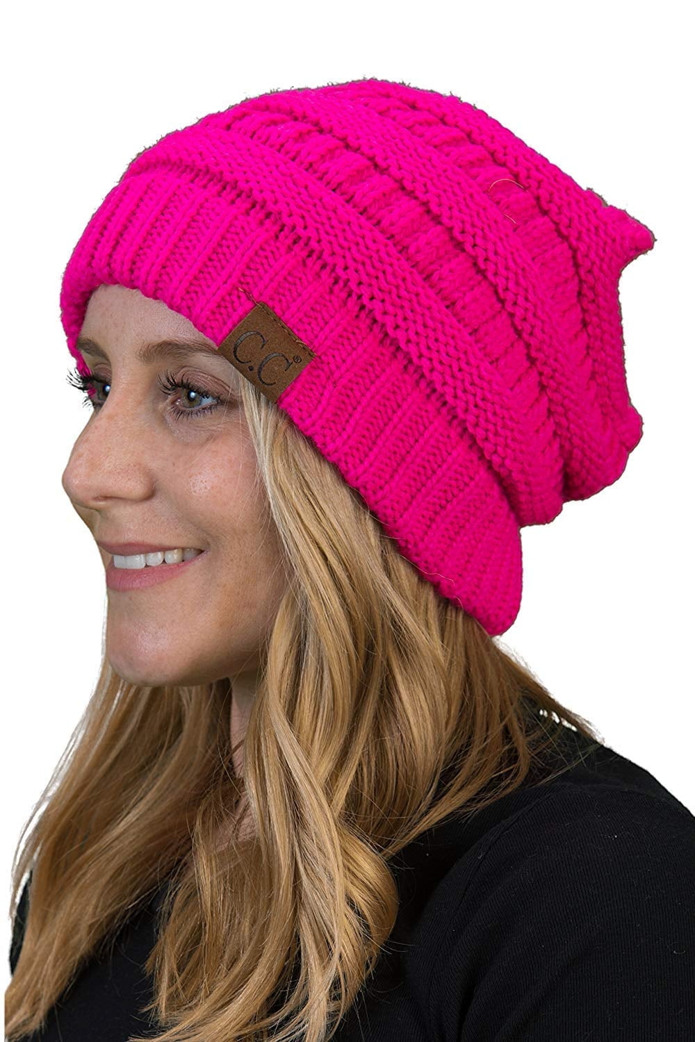 Funky Junque Skull Cap Beanie for Women - Womens Winter Hat Knit Slouch Style, Warm, Soft Unisex Cold Weather Mens Beanies - Neon Hot Pink