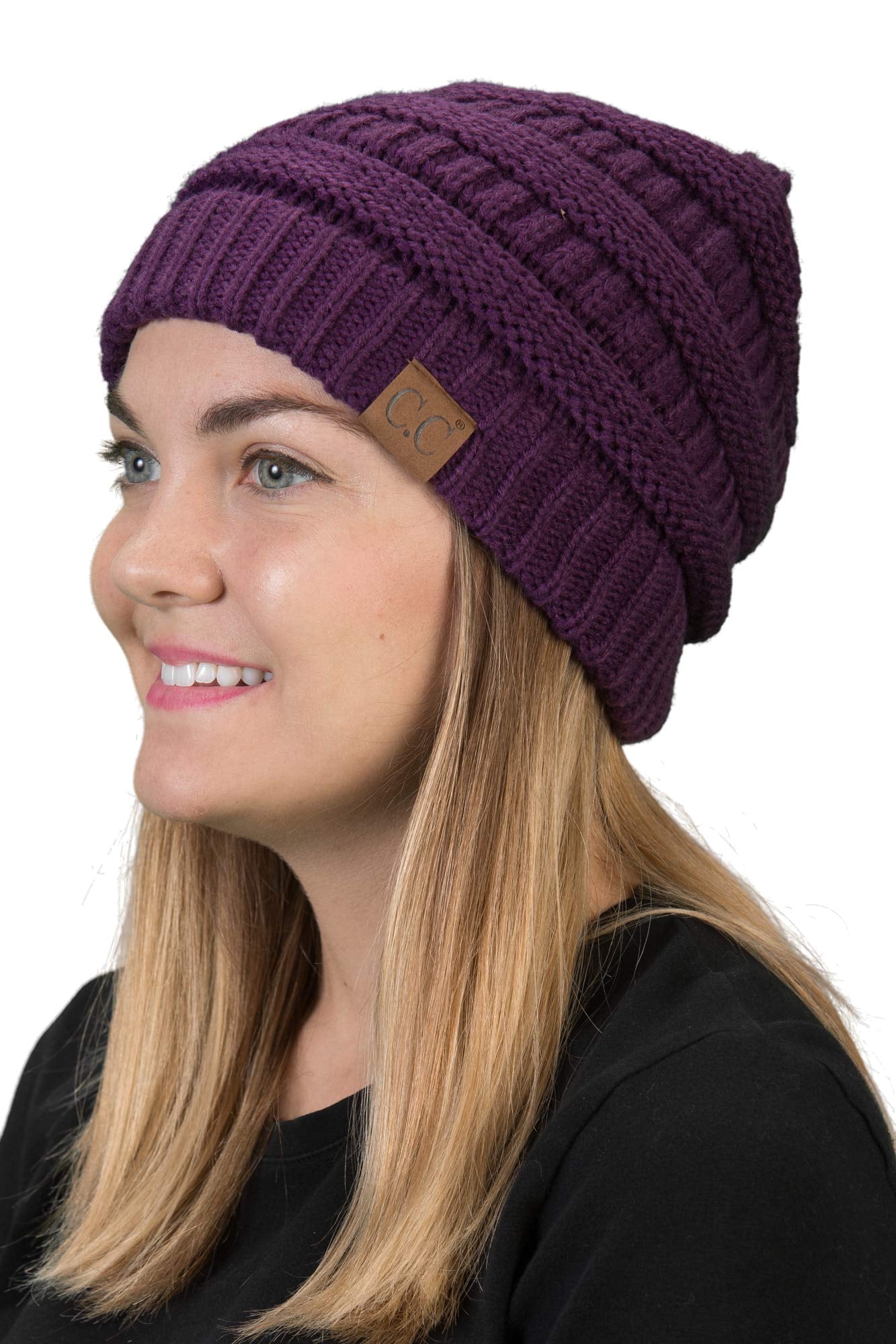 Funky Junque Skull Cap Beanie for Women - Womens Winter Hat Knit Slouch Style, Warm, Soft Unisex Cold Weather Mens Beanies - Purple