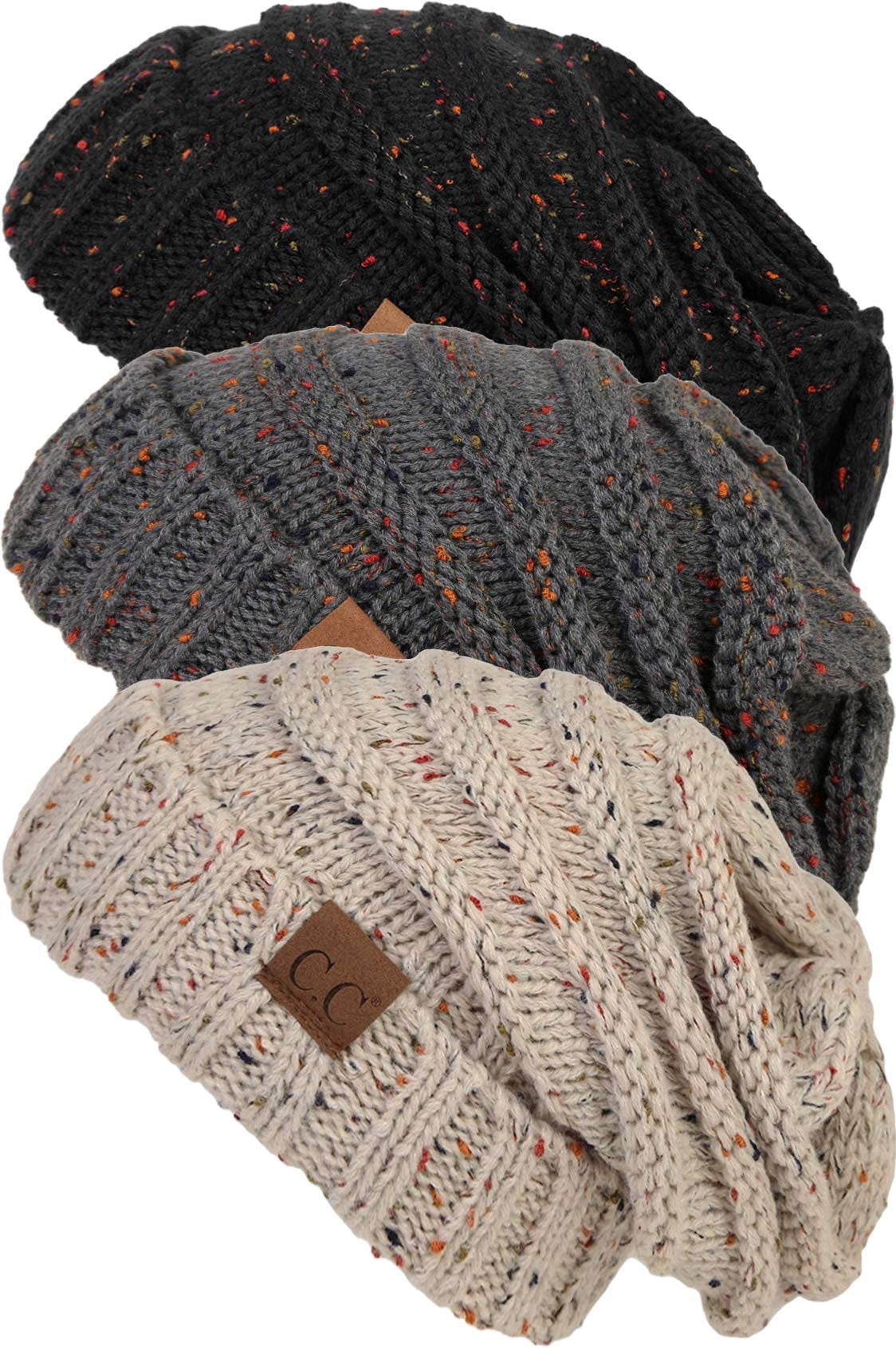 Funky Junque Slouchy Beanie for Women – Soft Chunky Cable Knit Oversized Slouch Beanies - 3 Pack - Black Confetti, Melange Grey Confetti, Oatmeal Confetti