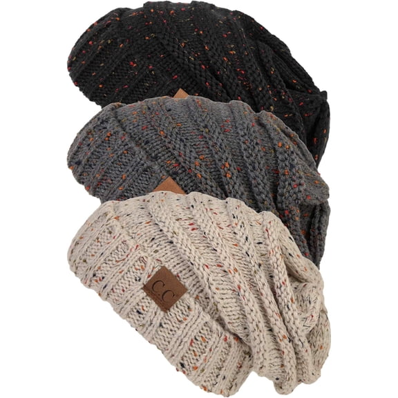Funky Junque Slouchy Beanie for Women – Soft Chunky Cable Knit Oversized Slouch Beanies - 3 Pack - Black Confetti, Melange Grey Confetti, Oatmeal Confetti