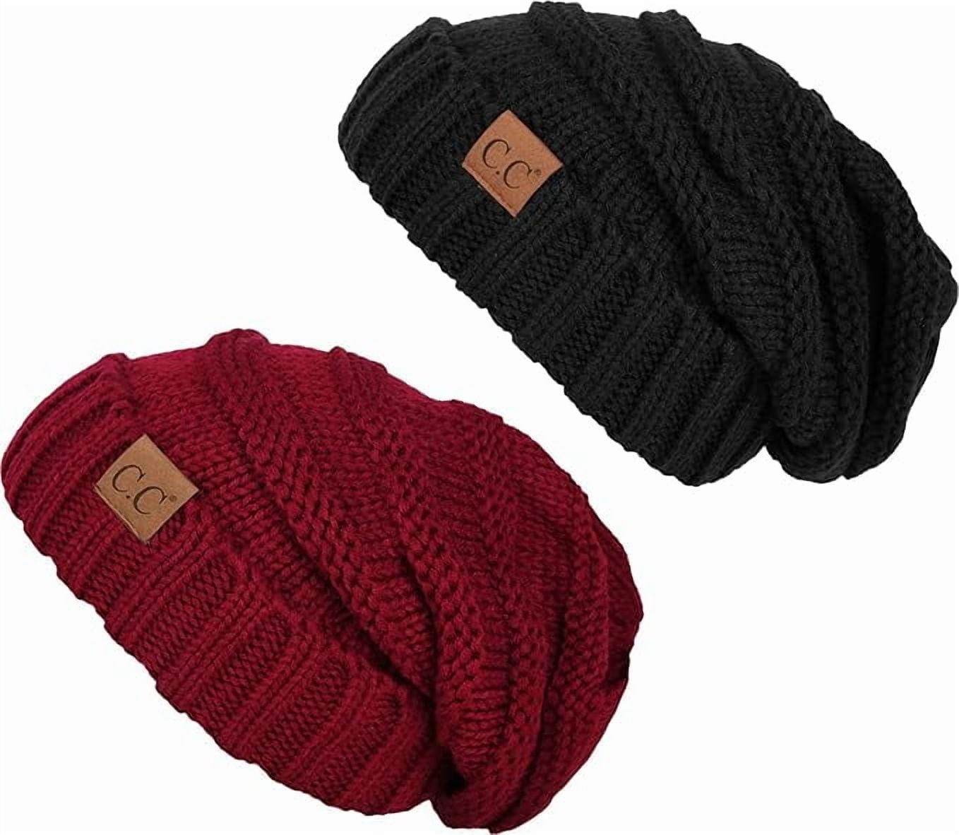 Funky Junque Slouchy Beanie for Women – Warm Winter Hat, Soft Chunky Cable Knit Oversized Slouch Beanies for Cold Weather, Cozy Stylish Fashion Hats - 2 Pack - Black & Burgundy