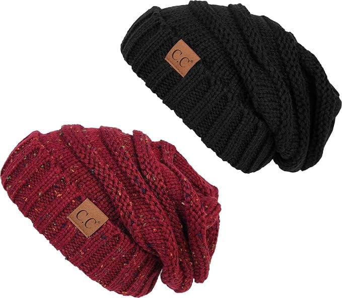 Funky Junque Slouchy Beanie for Women – Warm Winter Hat, Soft Chunky Cable Knit Oversized Slouch Beanies for Cold Weather, Cozy Stylish Fashion Hats - 2 Pack - Black & Confetti Burgundy