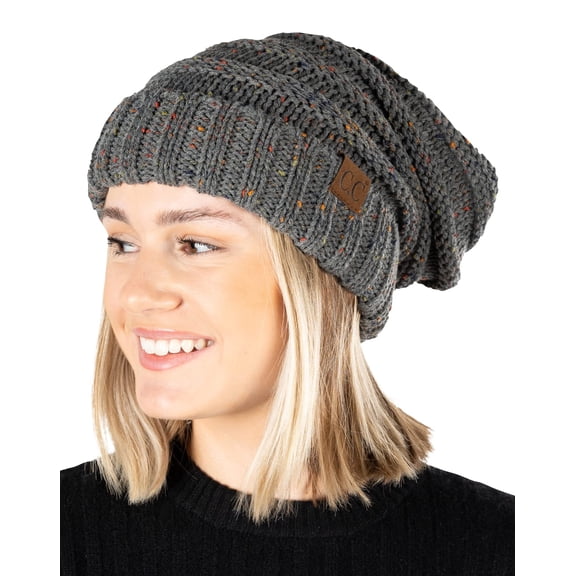 Funky Junque Slouchy Beanie for Women – Warm Winter Hat, Soft Chunky Cable Knit Oversized Slouch Beanies for Cold Weather, Cozy Stylish Fashion Hats - Confetti Charcoal Design