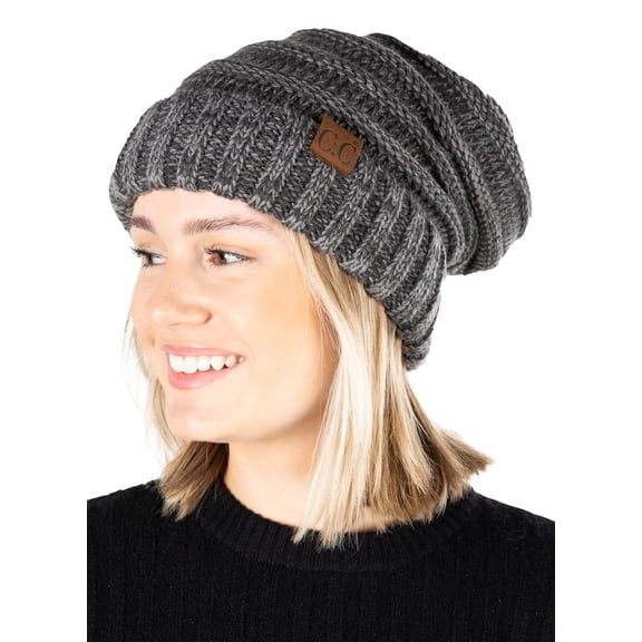 Funky Junque Slouchy Beanie for Women – Warm Winter Hat, Soft Chunky Cable Knit Oversized Slouch Beanies for Cold Weather, Cozy Stylish Fashion Hats - Graphite Grey Tricolor Mix