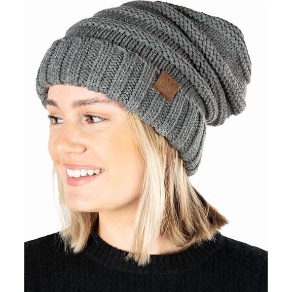 Funky Junque Slouchy Beanie for Women – Warm Winter Hat, Soft Chunky Cable Knit Oversized Slouch Beanies for Cold Weather, Cozy Stylish Fashion Hats - Heather Grey