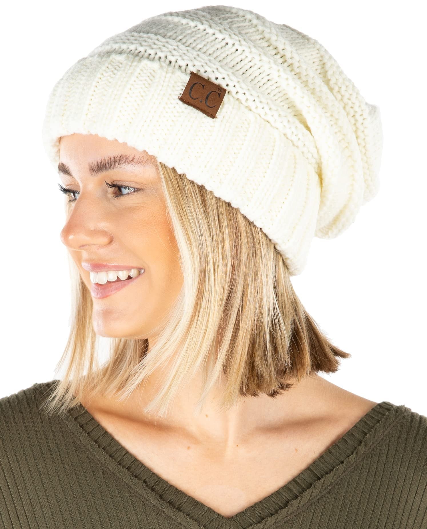 Funky Junque Slouchy Beanie for Women – Warm Winter Hat, Soft Chunky Cable Knit Oversized Slouch Beanies for Cold Weather, Cozy Stylish Fashion Hats - Ivory