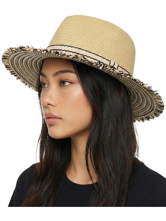 Sun Hats for Women Wide Brim UPF 50 Packable Fedora - Frayed Edge - Natural