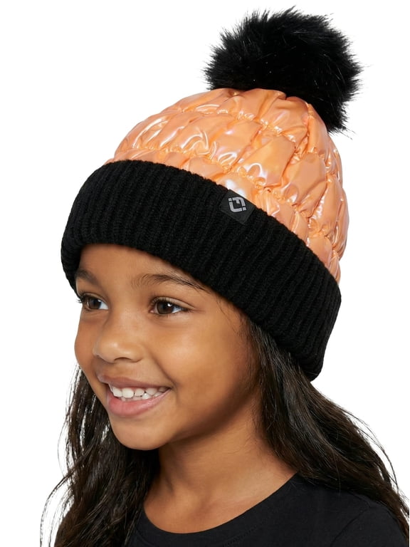 Toddler Faux Fur Hat Kids Winter Beanie with Pom Pom, Fleece - Black/Orange