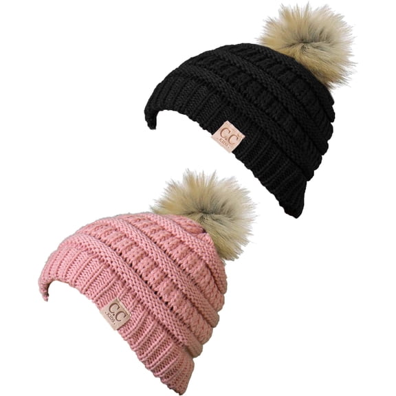 Funky Junque Toddler Pom Beanie – Kids Winter Hat for Ages 1–4, Baby Boy & Girl Knit Beanies, Warm Cozy Knit Snow Hats - 2 Pack - Black & Indi Pink Faux Fur Pom
