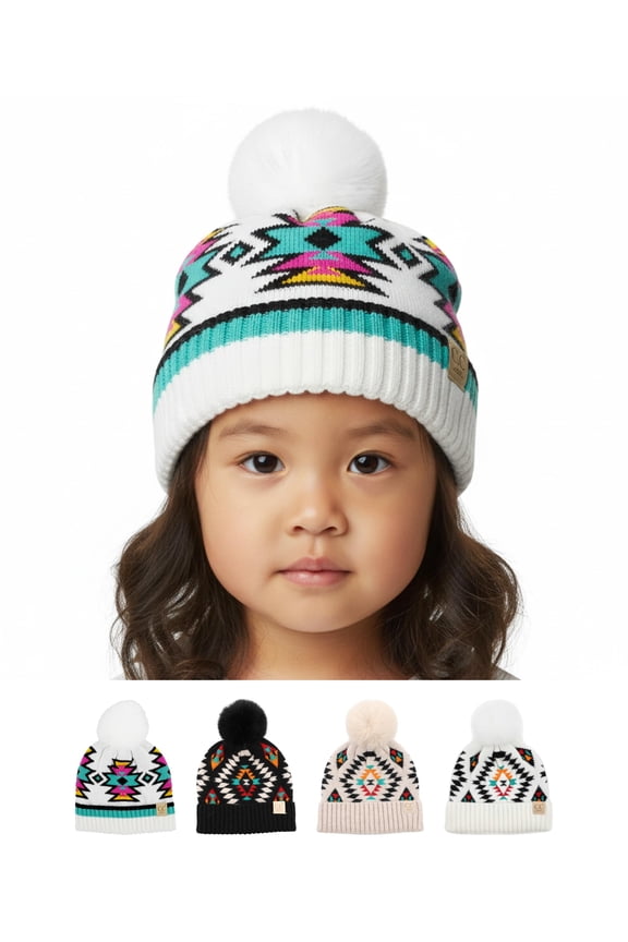 Toddler Pom Beanie – Kids Winter Hat for Ages 1–4, Baby Boy & Girl Knit Beanies, Warm Cozy Knit Snow Hats - Ivory - Southwest Pattern W/ Faux Fur Pom