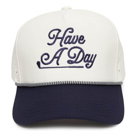 Funky Junque Trendy Rope Golf Cap with Upside-Down Sayings - Lightweight Performance Golf Hats Snapback, Funny Hats for Men, Breathable Everyday Style - Have A Day - Navy/Beige