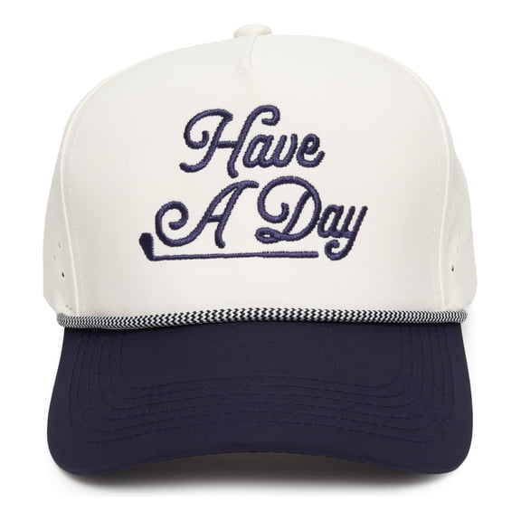 Funky Junque Trendy Rope Golf Cap with Upside-Down Sayings - Lightweight Performance Golf Hats Snapback, Funny Hats for Men, Breathable Everyday Style - Have A Day - Navy/Beige