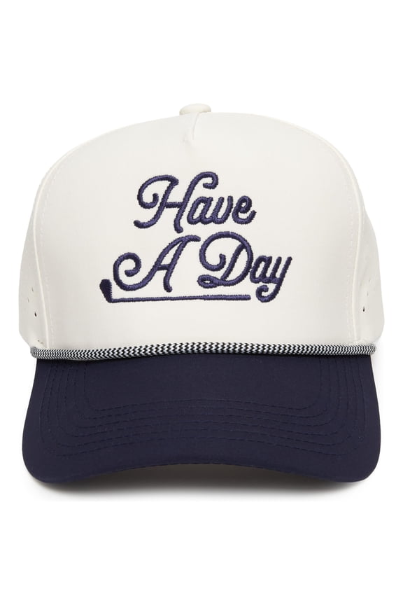 Trendy Rope Golf Cap with Upside-Down Sayings - Lightweight Performance Golf Hats Snapback, Funny Hats for Men, Breathable Everyday Style - Have A Day - Navy/Beige