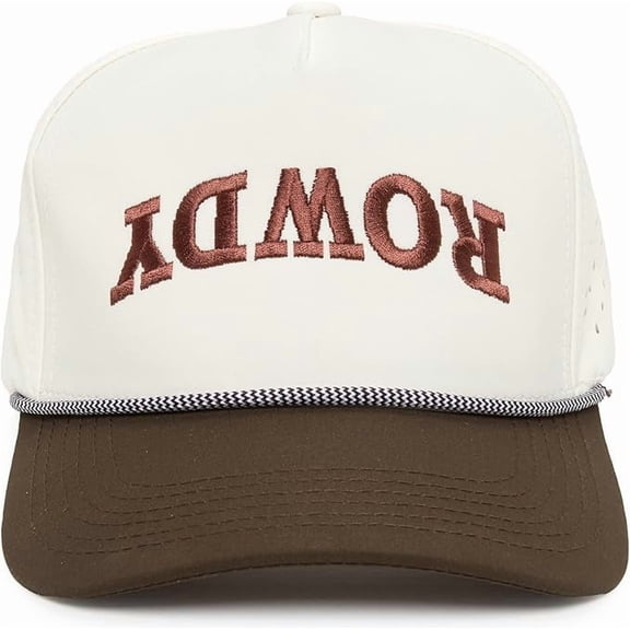 Funky Junque Trendy Rope Golf Cap with Upside-Down Sayings - Rowdy (Upside Down) - Brown/Beige