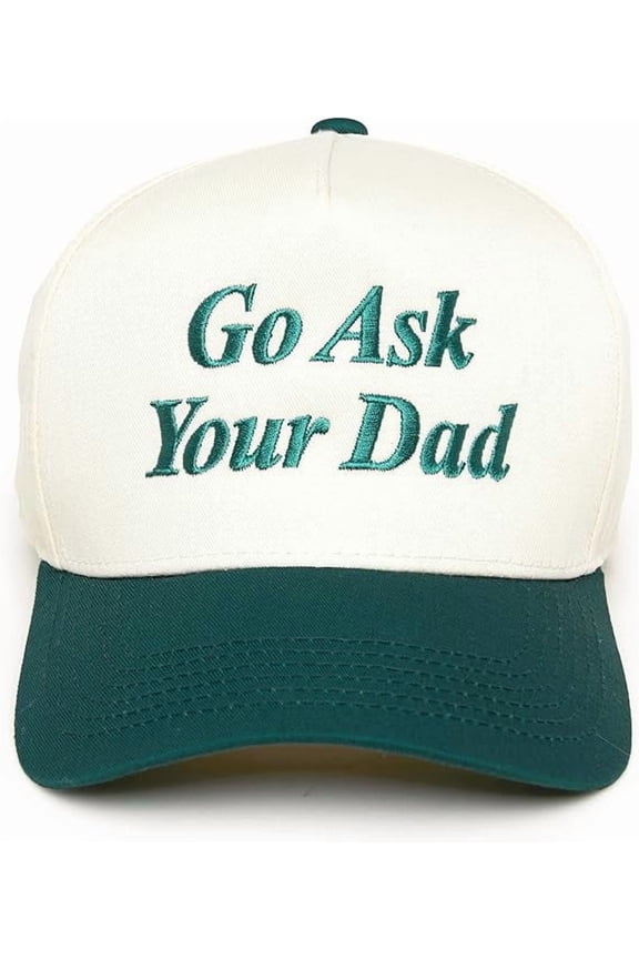 Trucker Hat – Vintage Two-Tone Snapback Baseball Cap with Embroidered Design - Go Ask Your Dad - Beige/Green