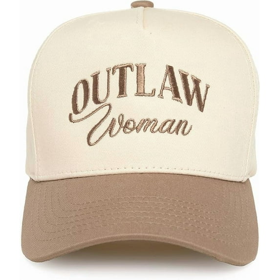 Funky Junque Trucker Hat – Vintage Two-Tone Snapback Baseball Cap with Embroidered Design - Outlaw Woman - Khaki/Beige