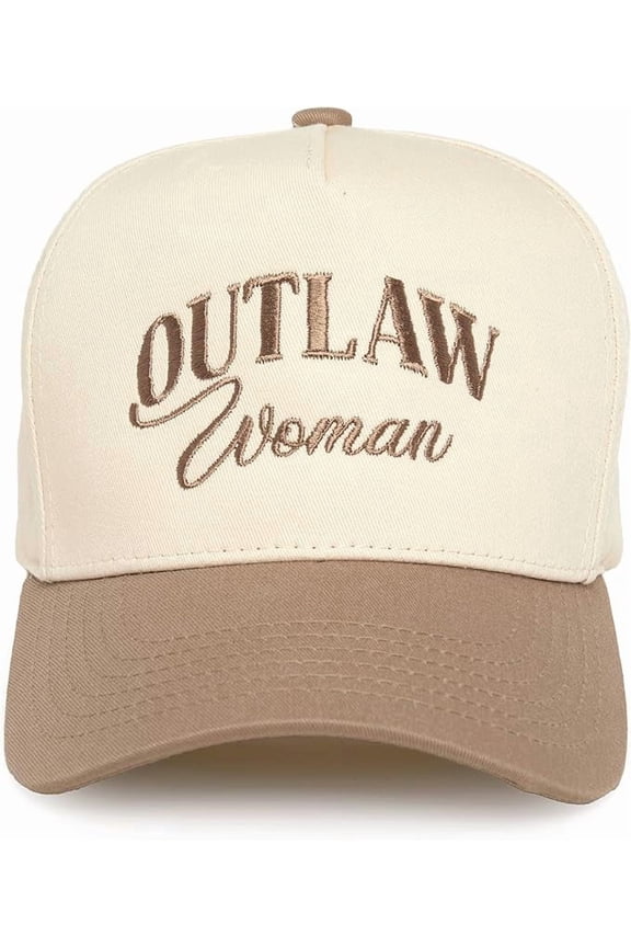 Trucker Hat – Vintage Two-Tone Snapback Baseball Cap with Embroidered Design - Outlaw Woman - Khaki/Beige