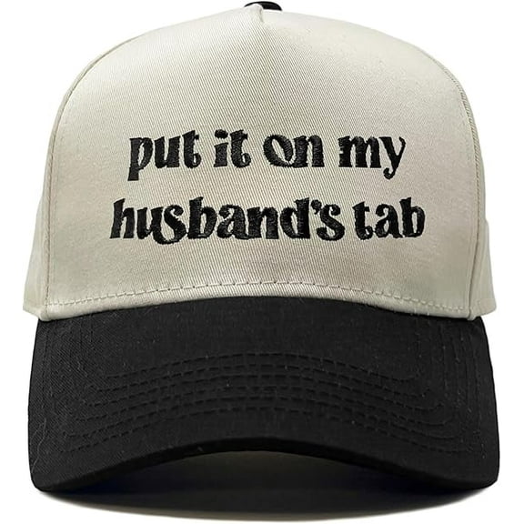 Funky Junque Trucker Hat – Vintage Two-Tone Snapback Baseball Cap with Embroidered Design - Put It on My Husband's Tab - Beige/Black