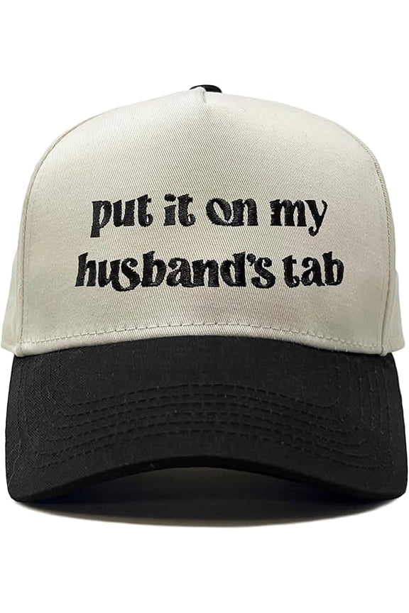 Trucker Hat – Vintage Two-Tone Snapback Baseball Cap with Embroidered Design - Put It on My Husband's Tab - Beige/Black